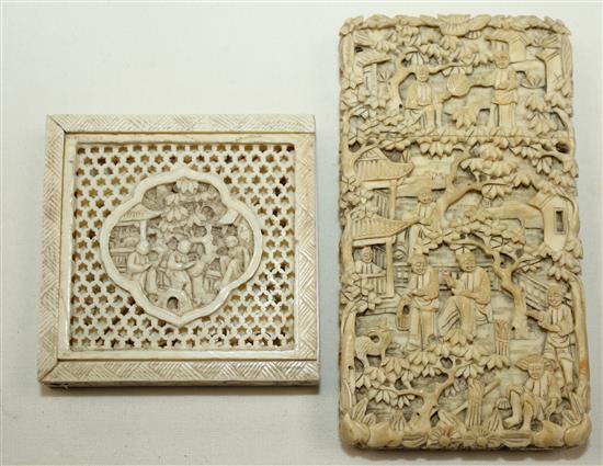 A Chinese export ivory card case and a similar tangram puzzle, 19th century, 8.5 and 5.1cm